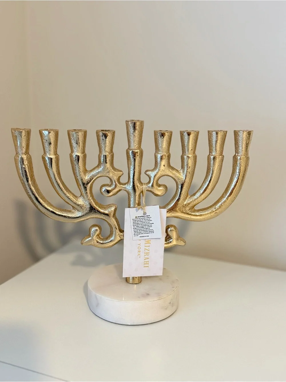Isaac Mizrahi Gold Metal Hanukkah Menorah Candle Holder w/ Marble Base NWT